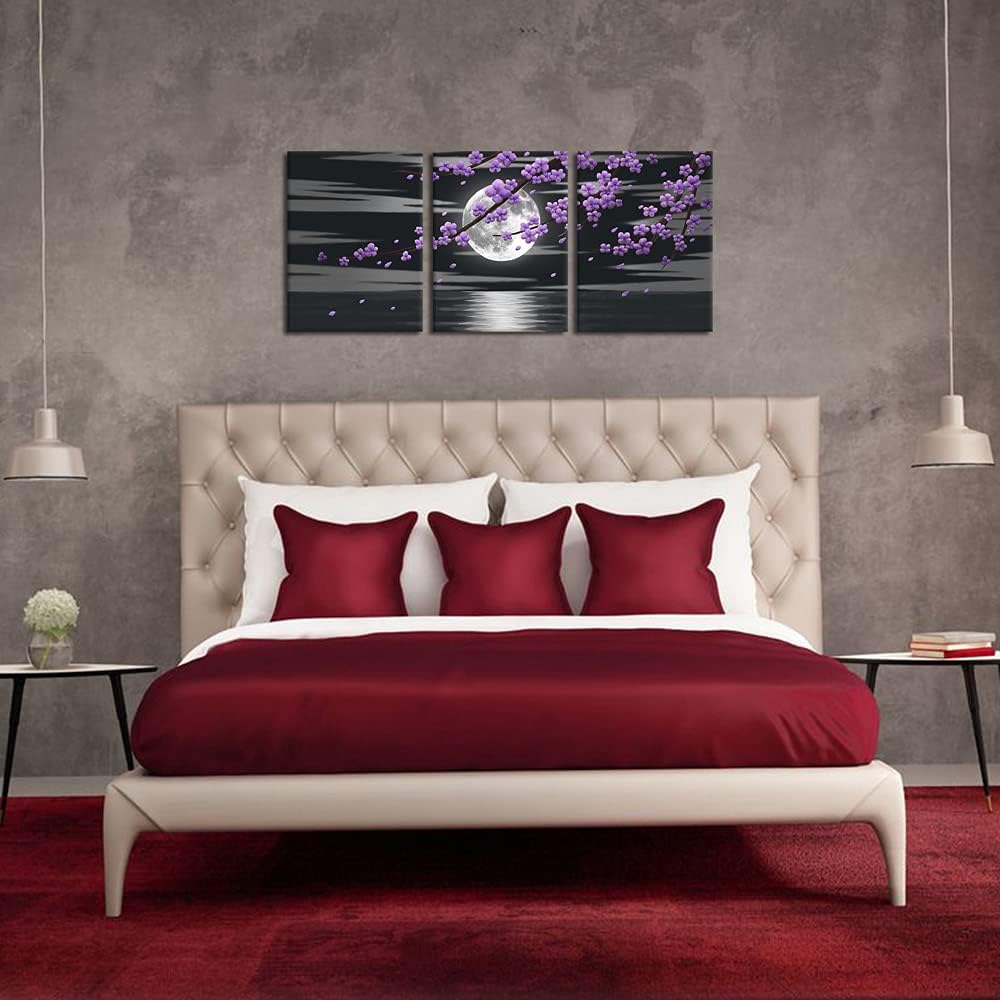 HOMEOART Purple Grey Pictures Full Moon Flower Tree Painting Bathroom Bedroom Living Room Decor Framed Canvas Wall Art 12x16inch x 3Pieces