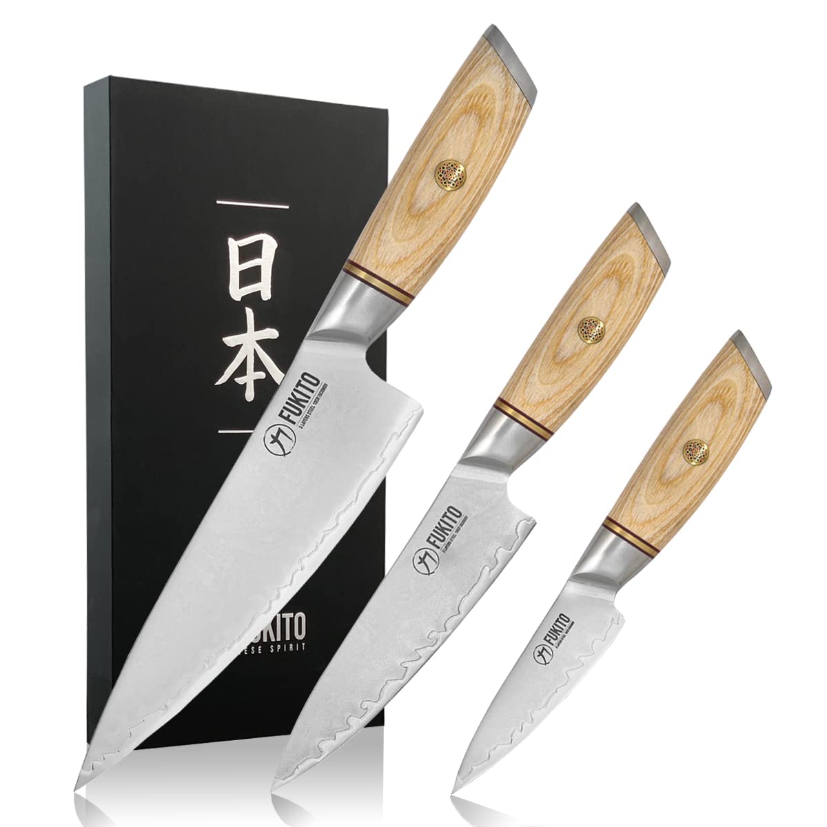 Fukito Pakka San Mai – Set of 3 Kitchen Knives Japanese Design Chef+ Universal + Office, High Carbon Blades – for Professional Chef and Home
