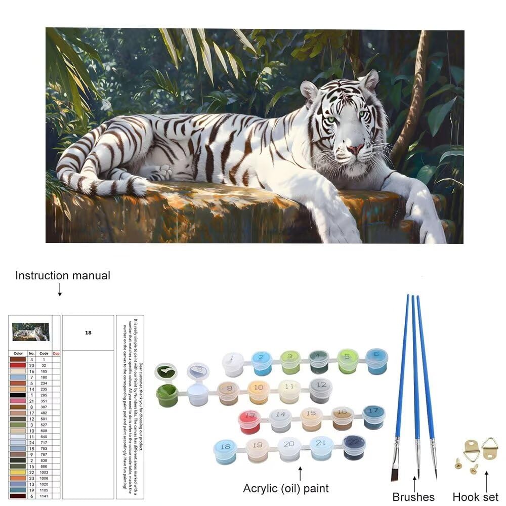 Malen Nach Zahlen Erwachsene xxl, Paint by Numbers Malen Nach Zahlen weißer Tiger, DIY Geschenk Art mit Pinseln und Acrylfarben Handgemalt Ölgemälde Leinwand für Home Décor, Ohne Rahmen 80x160cm W-516