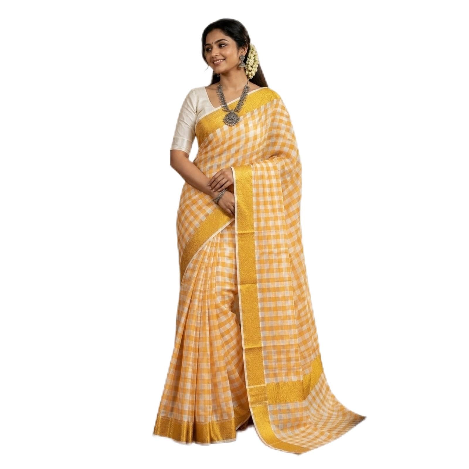 Manna Couture Kerala Kasavu Cotton Tissue Check Saree for Women | Yellow and White Traditional Checkered Kasavu Saree with All-Over Zari Weave & Matching Running Blouse Piece (6.3 Meters)-image-2