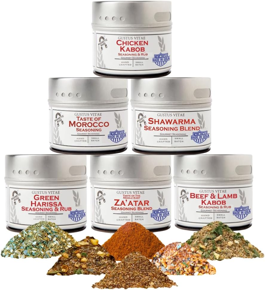Middle Eastern Seasonings Gourmet Gift Set | Tastes of The Middle East | Artisanal Spice Blends Six Pack | Non GMO | All Natural | Small Batch Seasonings | Ultra Premium | GLP-1 Friendly | Made By Hand in USA | Gustus Vitae | All Occasion Gift