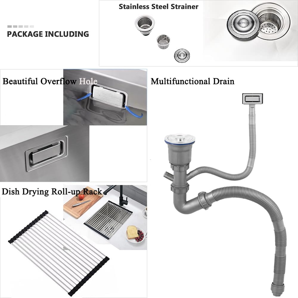 Lavello da Cucina Sottotop, Piccolo Lavello da Cucina per Camper, 35 x 45 cm, Mini a Una Vasca In Acciaio Inox da Esterno con Filtro e Kit di Troppo Pieno, Griglia Arrotolabile e sifone, Spazzolato