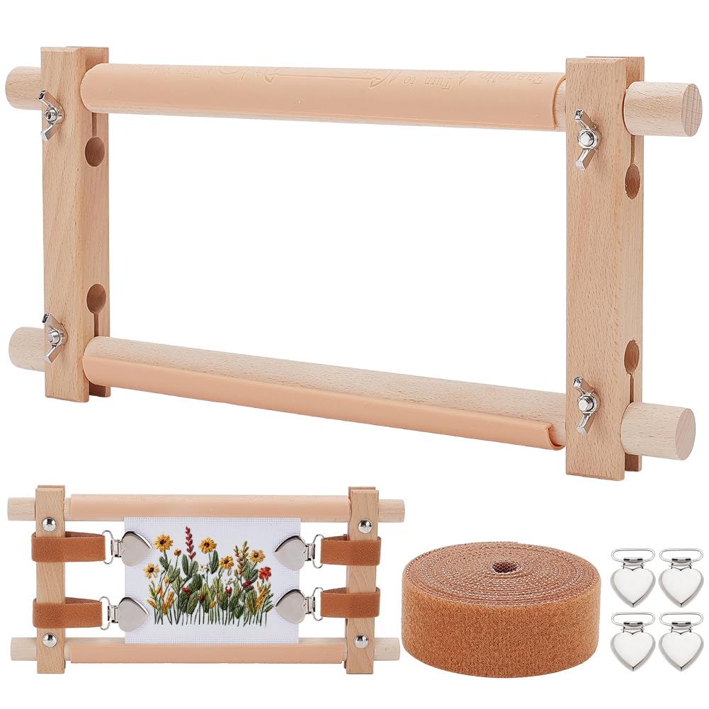 FREEBLOSS Kreuzstich Rollenrahmen Set Stickrahmen Aus Holz Mit Robusten Entenschnabelklemmen Und Selbstklebenden Bändern Für Handarbeiten Quilten Und Nähen 32×15cm (12.6×5.9 Zoll)