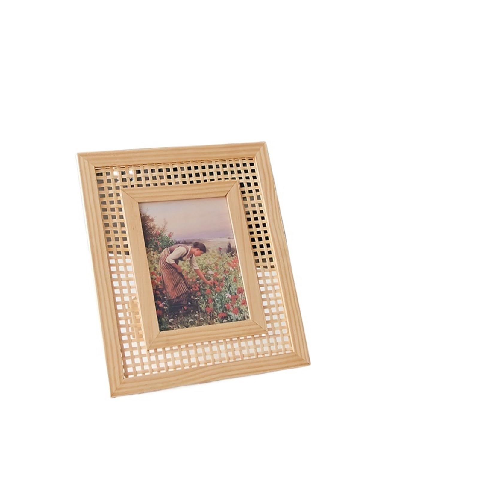 Rattan Picture Frame Long Rectangle Wood Wicker Picture Frame Wall Hanging Handmade Desktop Decoration(6inch)
