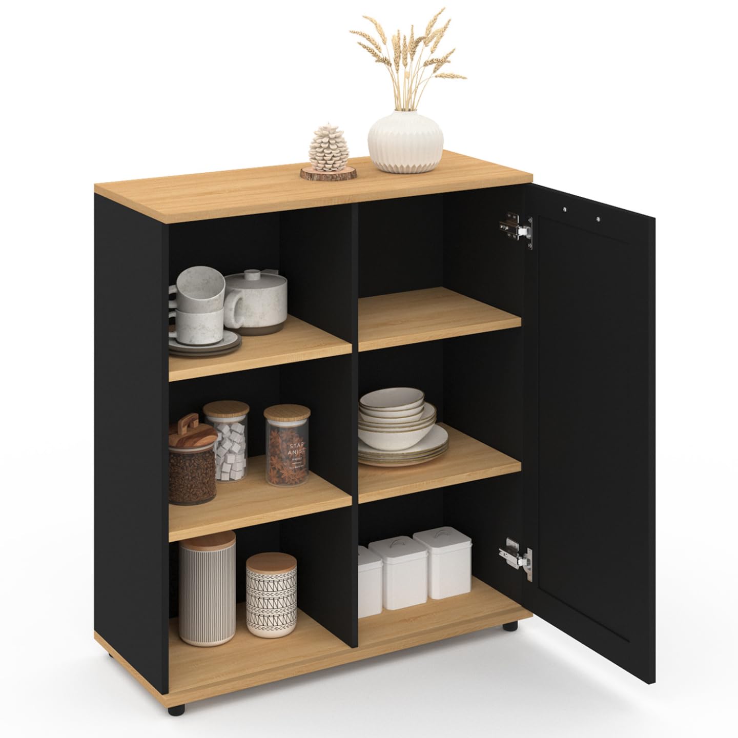 IDMarket - Buffet d'appoint 70 cm VITO 3 étagères et Placard Noir et Plateau Bois