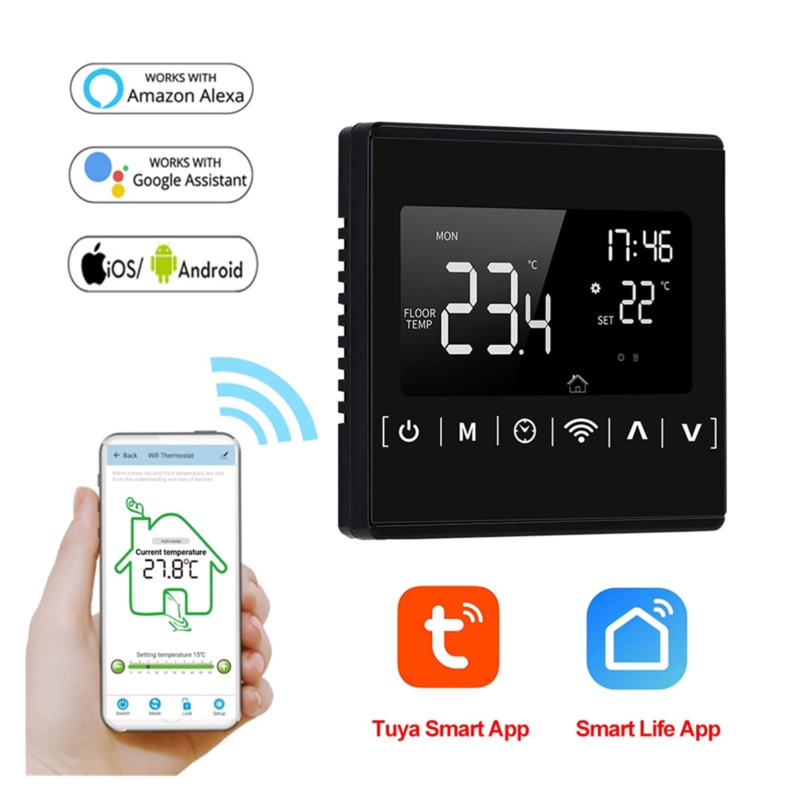 Termometro da interno igrometro digitale Regolatore di temperatura del termostato Smart WiFi for lavori di riscaldamento a pavimento elettrico e app smart life Con display LCD(White-16A-No WiFi)
