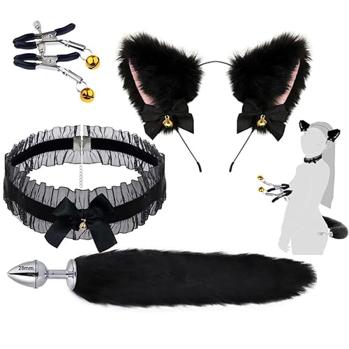 Plug with Cat Tail Plush Cat Ears Collar Clamps