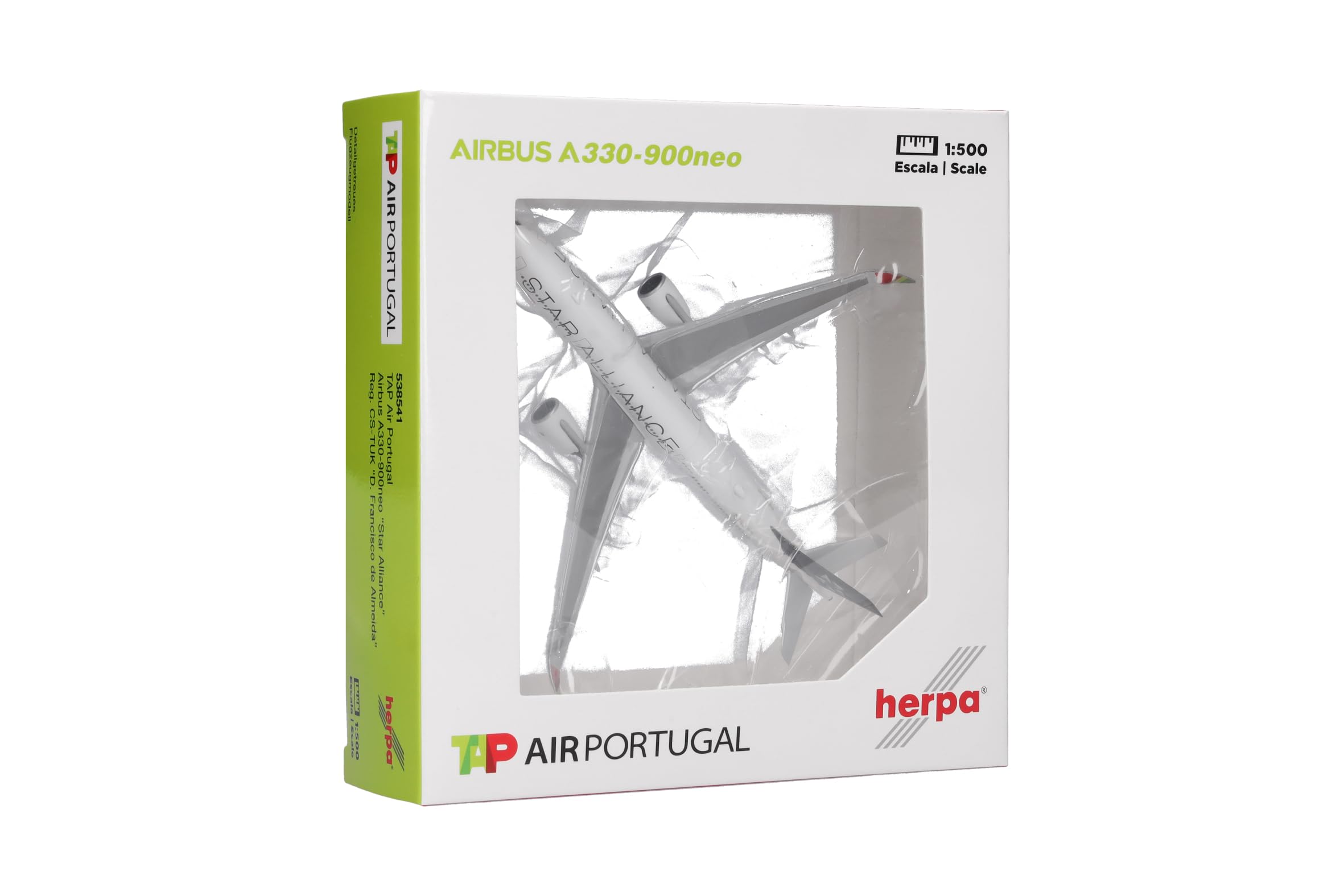 Herpa Modellino aereo TAP Air Portugal Airbus A330-900neo "Star Alliance" – CS-TUK "D. Francisco de Almeida", miniatura in scala 1:500, pezzo da collezione, modello di aereo senza base, metallo