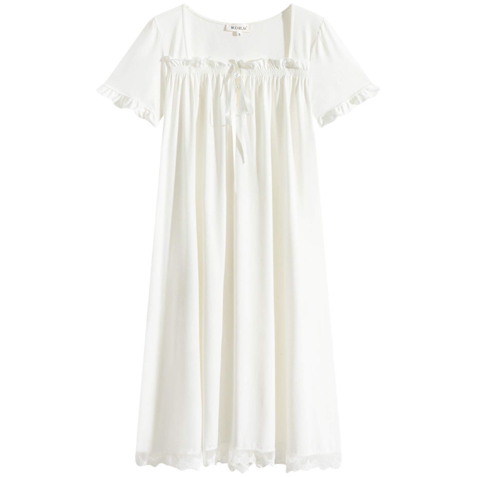 HOMDREAMHOMDREAM Ladies Nightdresses Victorian Nightdress Short Sleeved Cotton Lace Sweet Long Home Service Loose,White-M