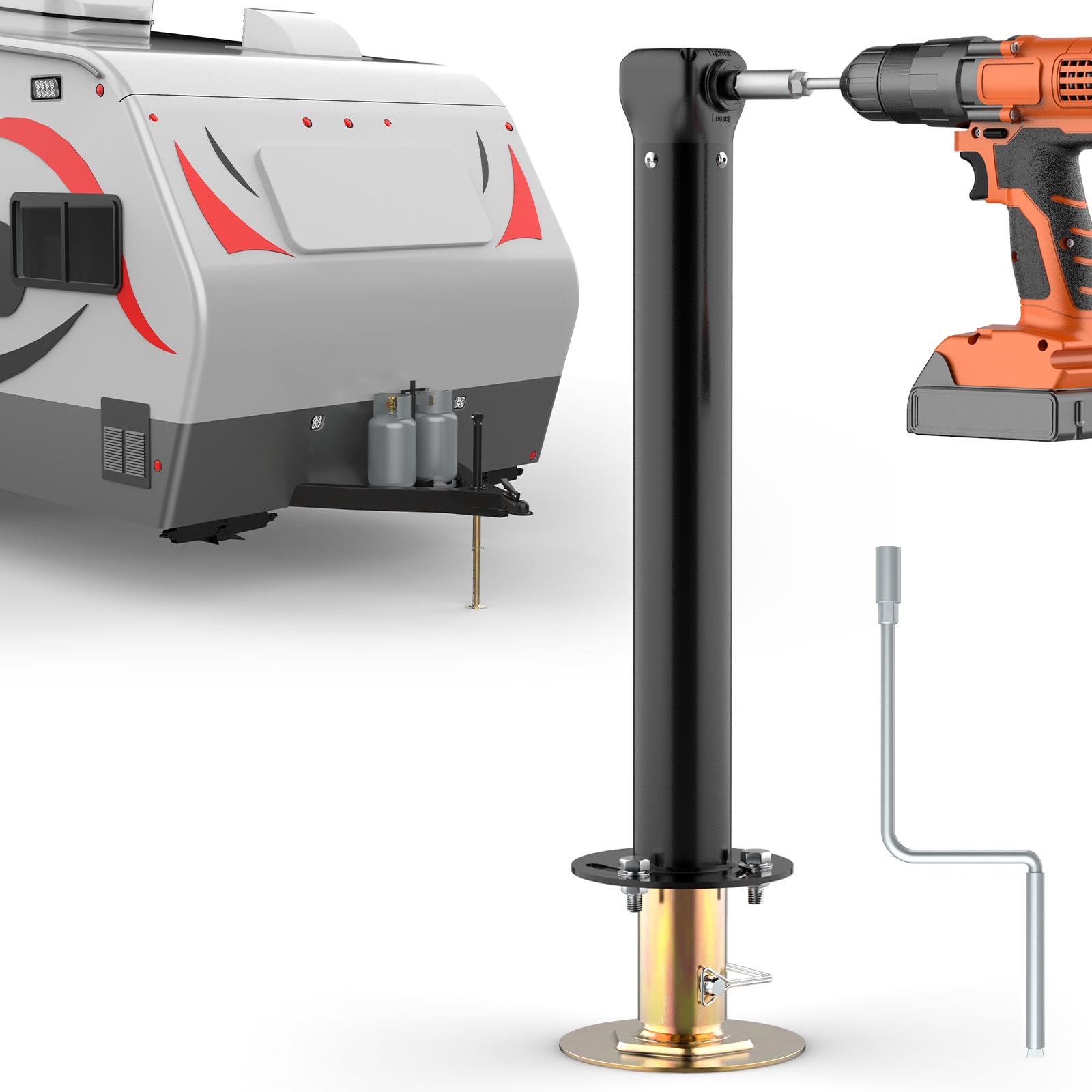 Photo 1 of Trailer Tongue Support Jack (Electric Drill Adjust), Adjustable 3.8”-32” Height, Universal RV A-Frame Jack Supports up to 5000lbs Capacity, Bolt on Trailer Jack for Utility Yacht Boat