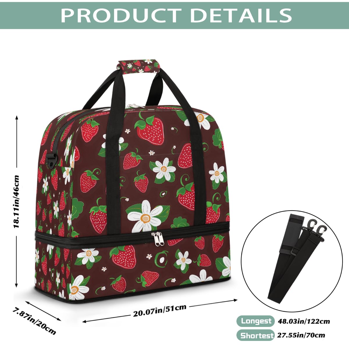 Borsone da viaggio pieghevole con grazioso fiore di fragola, espandibile, con scomparto per scarpe, grande capacità, borsa da weekender, per viaggi, sport, viaggi notturni