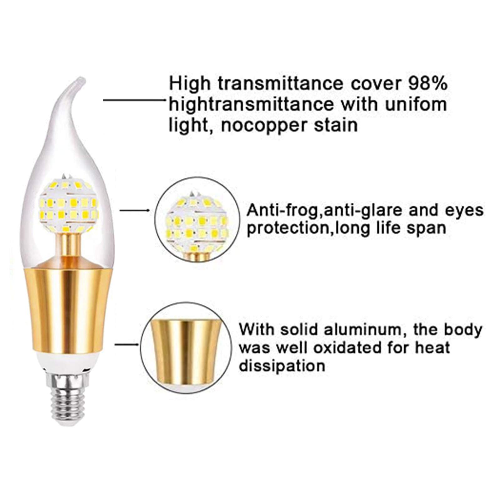 Ampoules bougie LED E14 12 W 600 lm, type pointe flamme incurvée, ampoule chandelier équivalente à des ampoules à incandescence 100 W, petites ampoules bougie à vis Edison à intensité variable en tr
