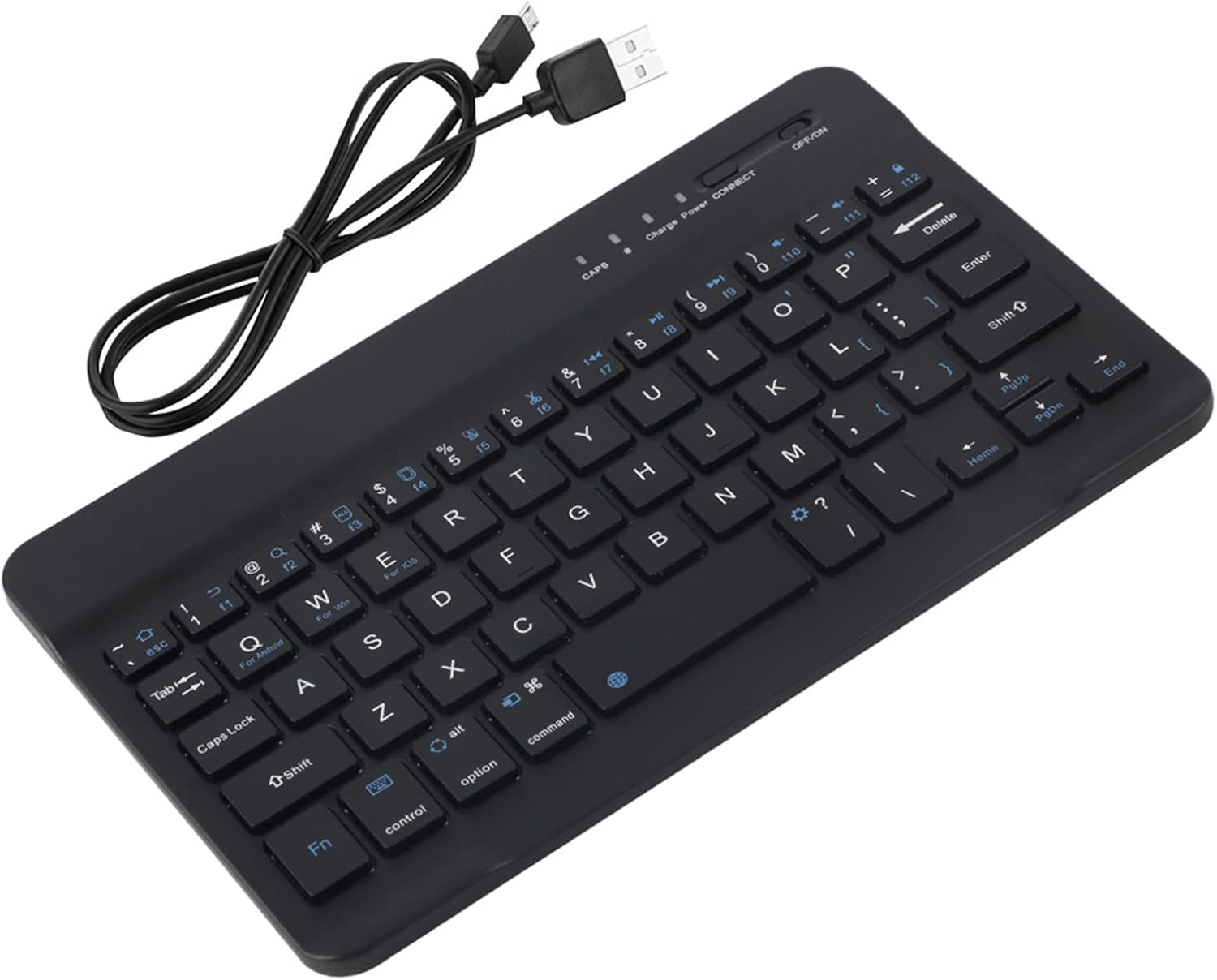 Image of the Dpofirs keyboard with its USB charging cable connected.