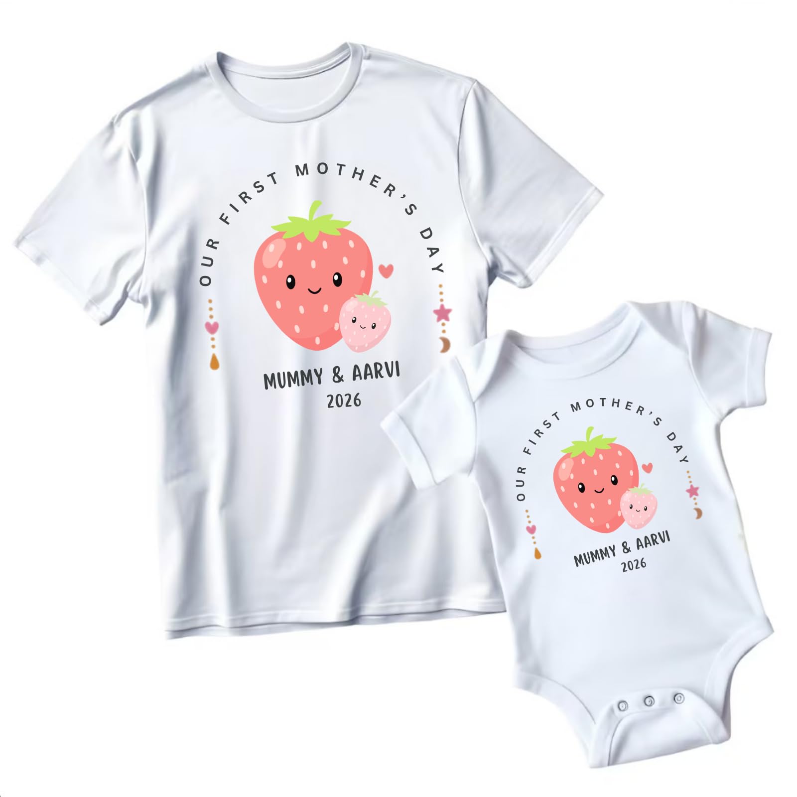 custom Curio Corner Personalised Matching Mother and Child T-Shirt and Bodysuit Set, 100% Cotton, First Mother's Day Strawberry Graphic, 2 Pieces-picture-25