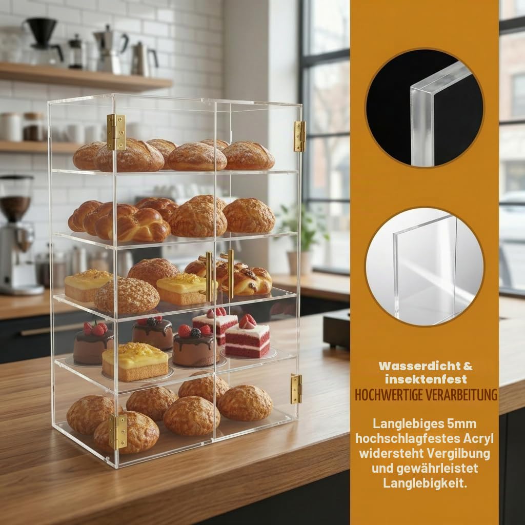 5-stöckige Bäckerei-Vitrine mit elastischer Autotür, 49,5 x 62,7 x 26,2 cm, Acryl, transparent, für Gebäck, Arbeitsplatte, Vitrine, Lebensmittelbox für Brot, Dessert, Kekse, Backen