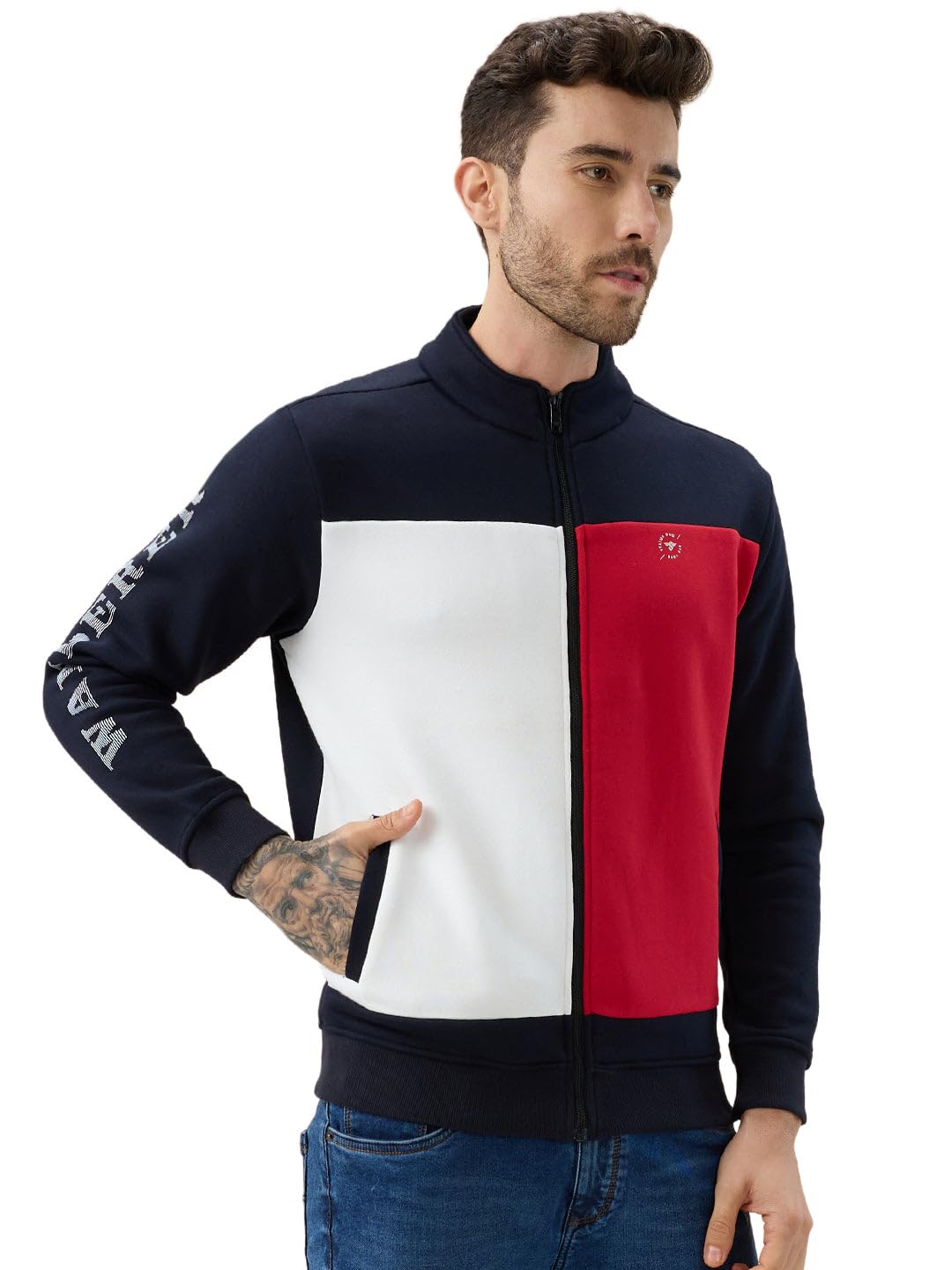 status quo Men's Colourblocked Mock Collar Fleece Sweatshirt with Typography Print Full Sleeves-picture-14