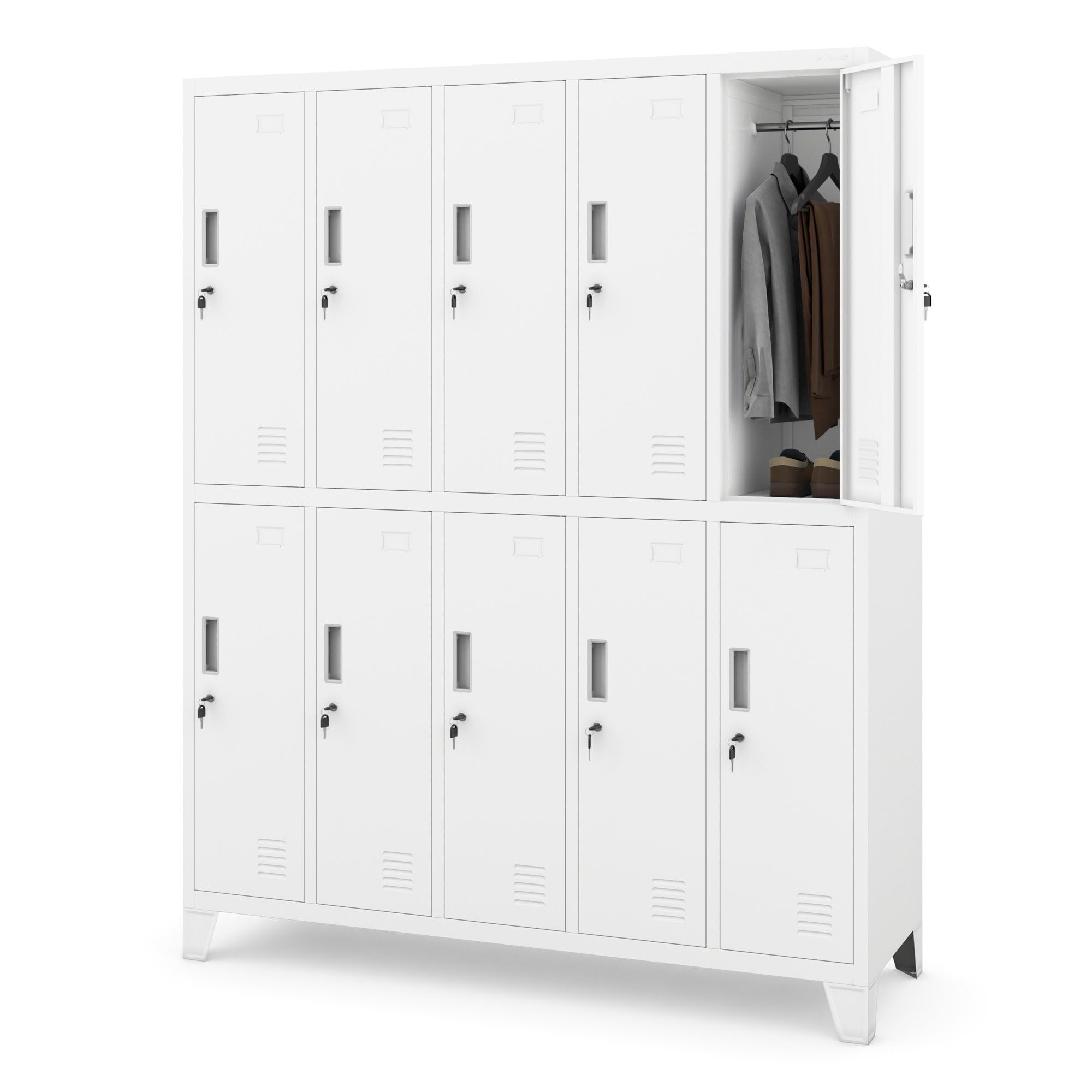Jan Nowak Armadietto spogliatoio Armadio metallico con 10 Scomparti Fessure di ventilazione Rivestimento in polvere 172 cm x 136 cm x 45 cm (Bianco)