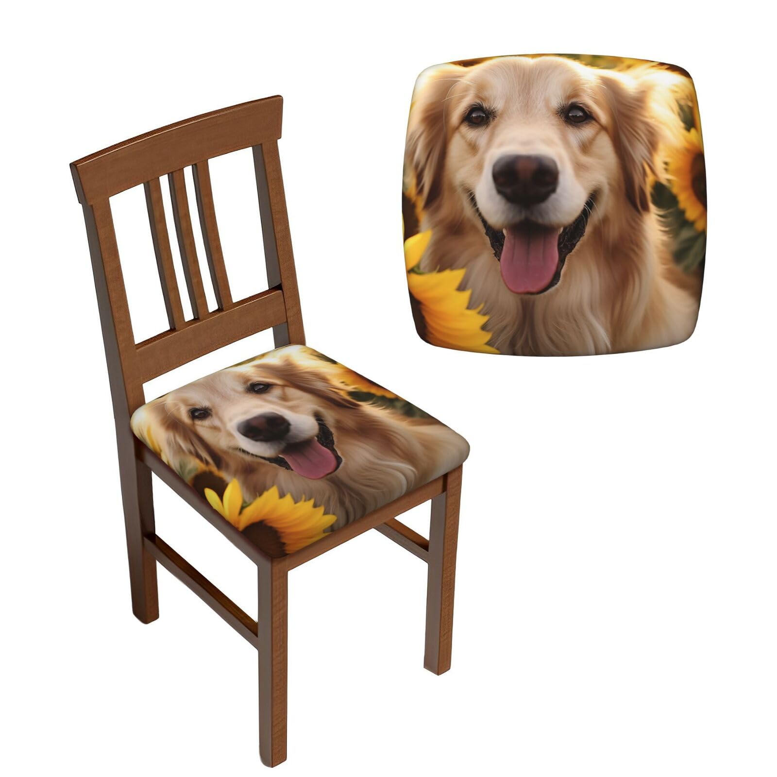 FodPand 2PCS Dining Chair Covers for Dining Room Dog and Sunflower Chair Seat Cover Stretch Parsons Chair Slipcover Removable Washable Seat Cushion Slipcovers Cover for Kitchen Office