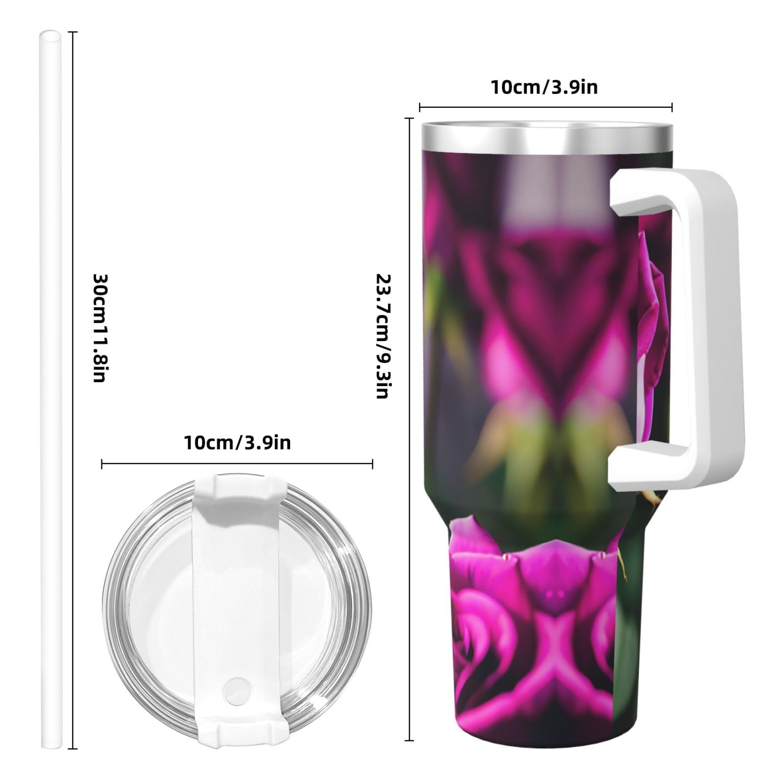 Purple Roses Ice Bully Wasserflasche aus Edelstahl, doppelwandig, isoliert, mit Griff und Strohhalm-Deckel, 1,2 l