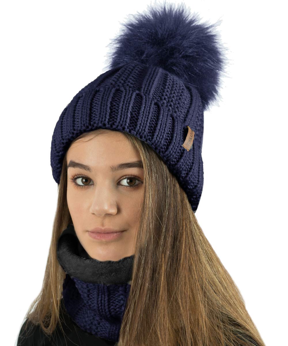 Toskatok Women's Navy Set Winter Rib Seed Stitch Beanie Bobble Hat With Warm Cosy Fleece Liner & Large Faux Fur Pom Pom