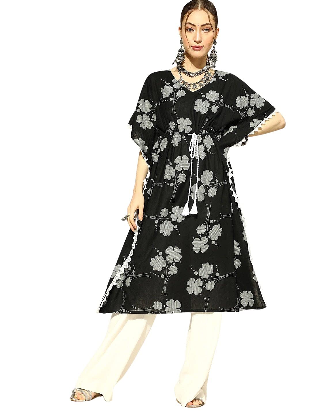 Vaamsi Women's Cotton Floral Printed Kaftan Kurta (VKAF1008_Black)
