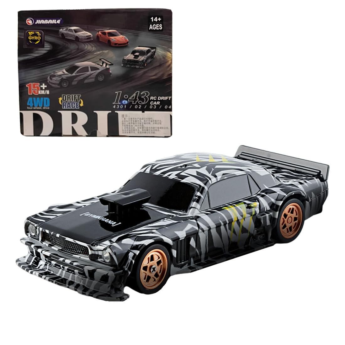 RC Sport Racing Drift Car, 1/43 Scale 2.4G 15KM/H Full Proportional RC Electric Mini Racing Drift Car Model with Lights Kit and Drift Tires (Black White Gyroscope RTR Version)