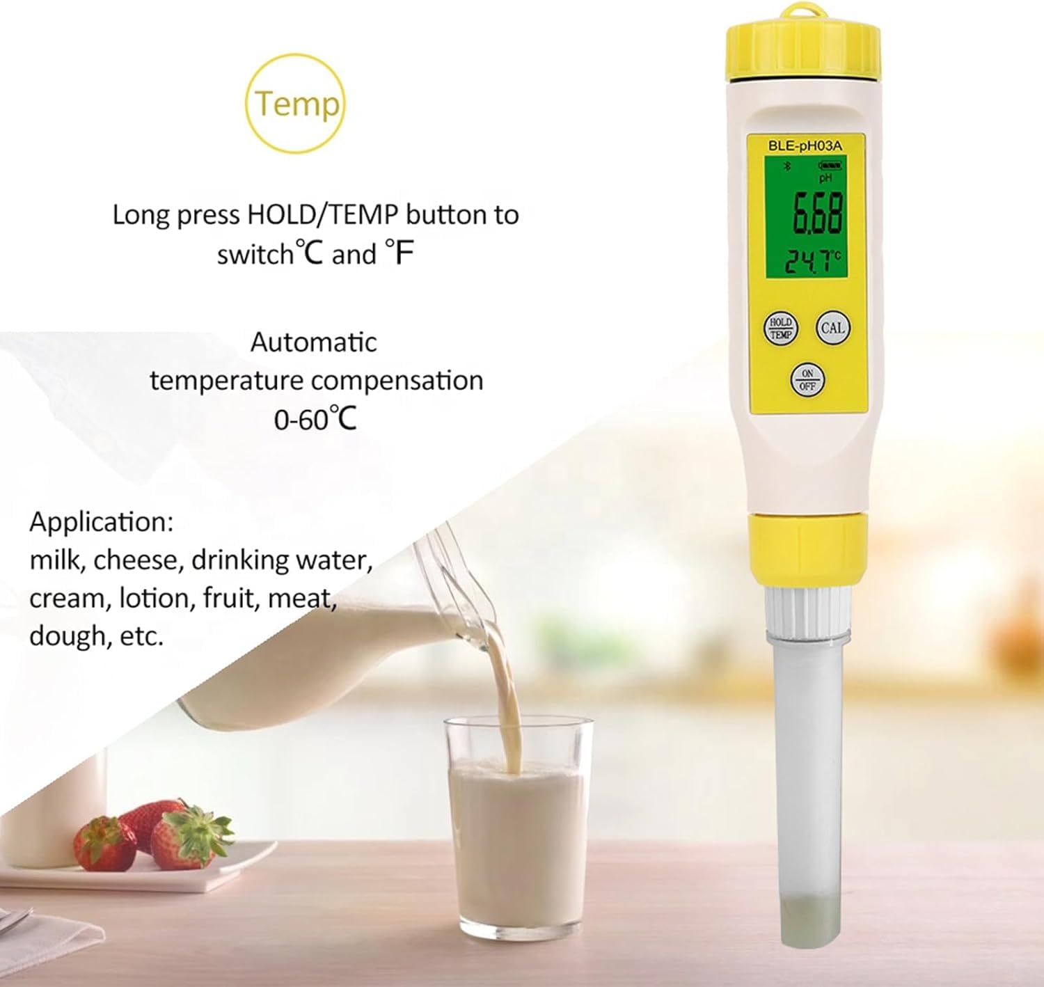 Tester Di PH Alimentare Portatile Ad Alta Precisione Con Sonda A Punta Affilata, Per Carne, Formaggio, Pane E Lievito, Compensazione Automatica Della Temperatura