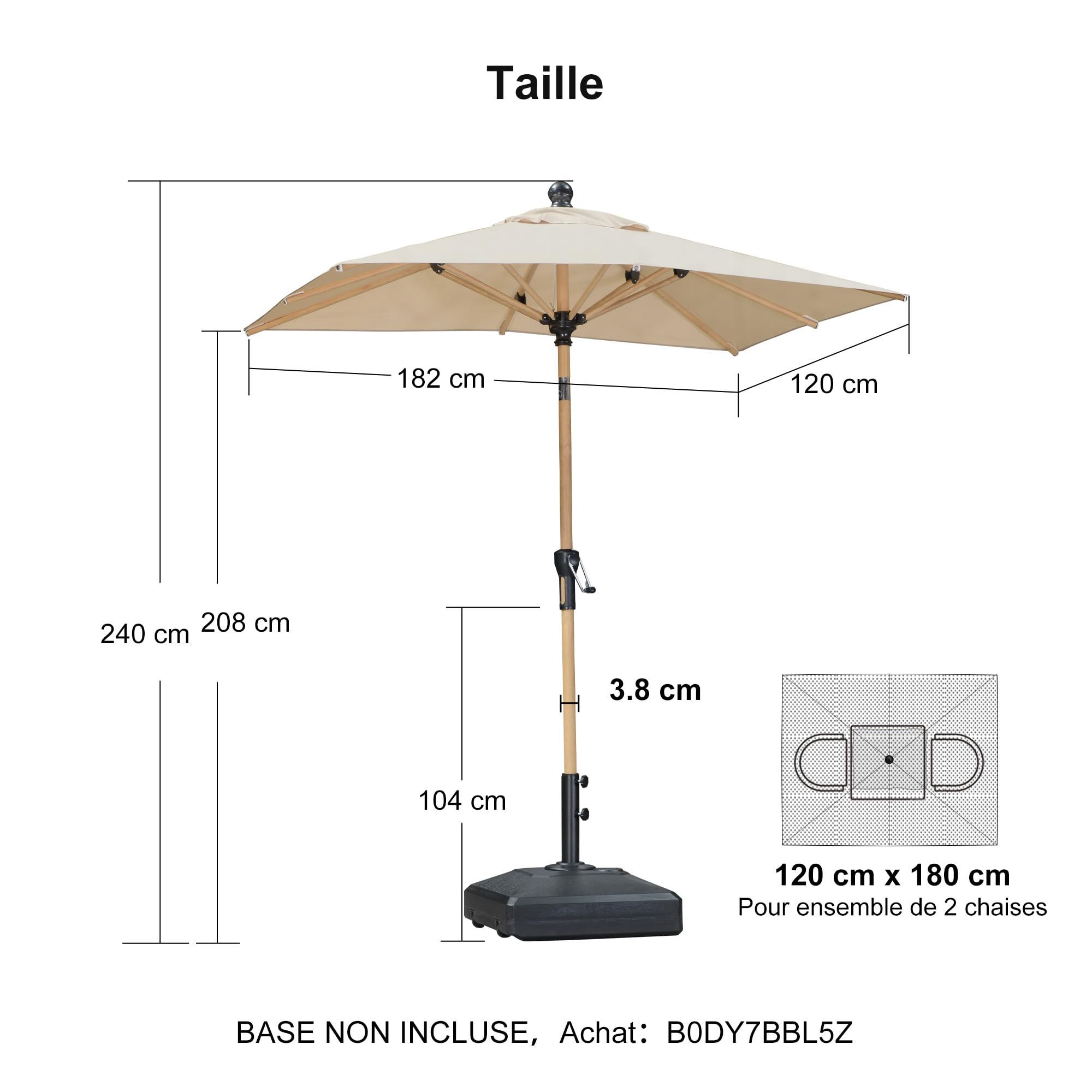 PURPLE LEAF Parasol Rectangulaire 1,2 x 1,8 m Aluminium en Teck Beige