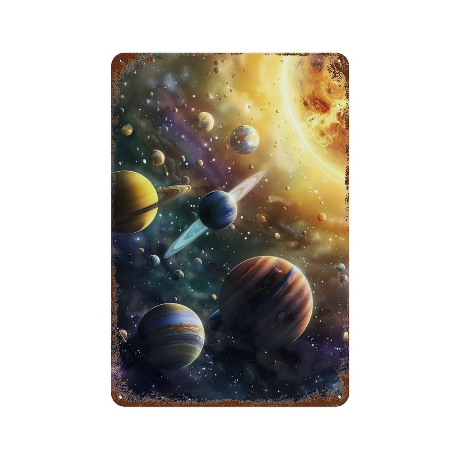 Rustic Tin Plaque Galaxy Planets Space Artwork 11.8"x7.9", Vintage Wall Decor for Pub, Kitchen And Man Cave Decor