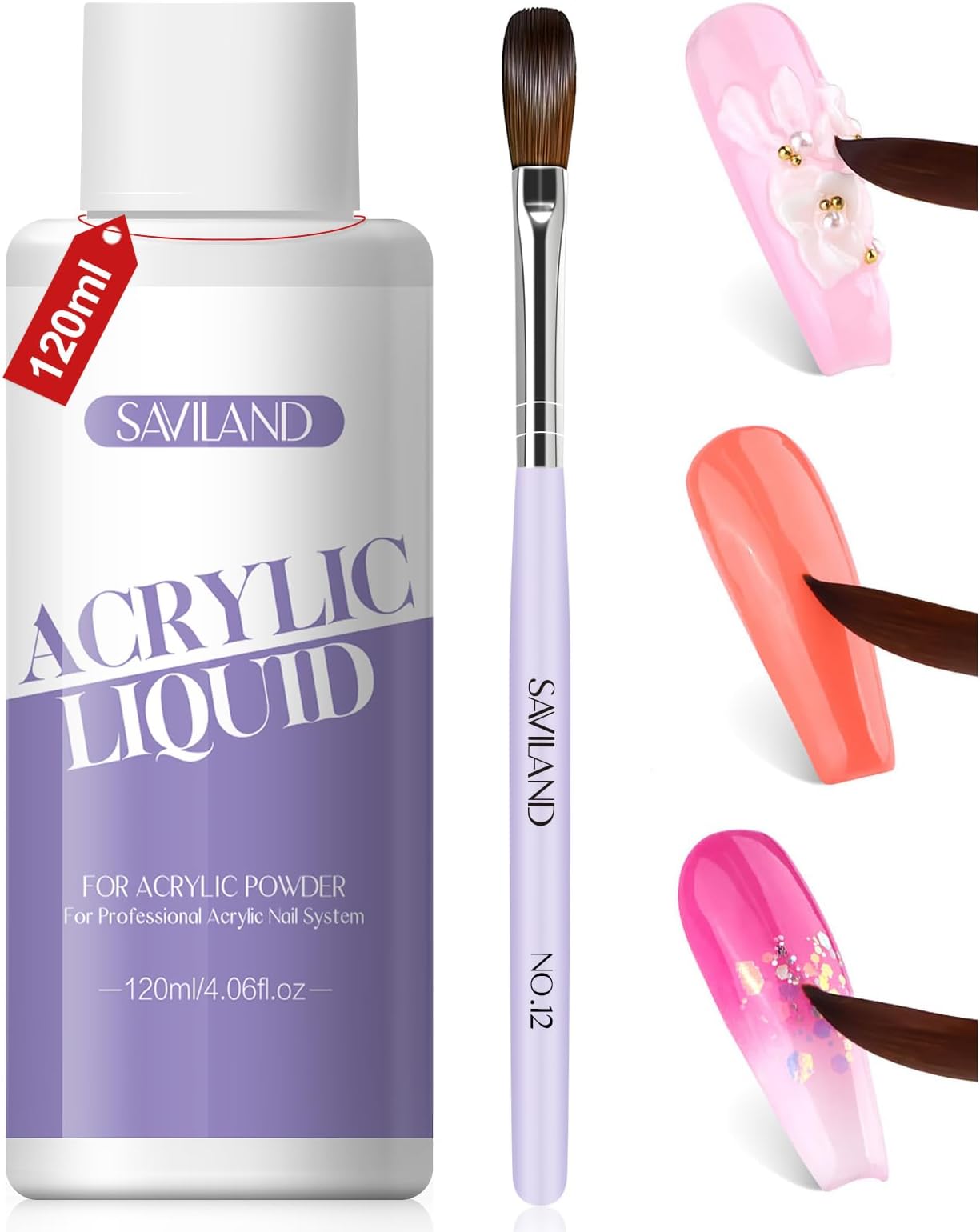 SAVILAND Acrylic Nail Liquid Kit: 4.06 OZ Monomer with Size 12 Nail Brush for Acrylic Powder Application Nail Art Extension 3D Carving Liquid Monomer for Beginners Home DIY