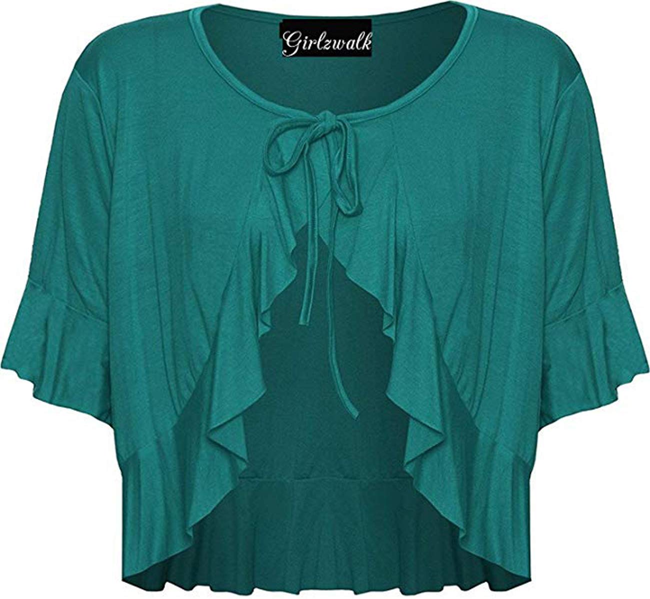 GOSTYLES® Womens Short Sleeve Stretch Frill Front Tie Cardigan, Ladies Elegant Summer Layer Cropped Bolero Shrug Top (Teal, 14)