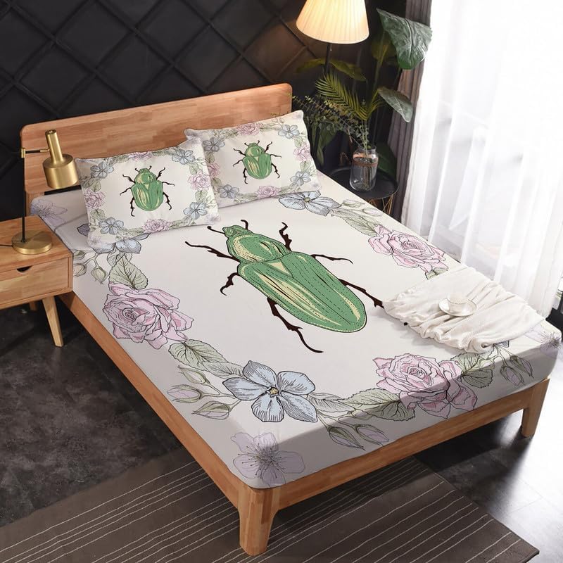 Beetle Sheets California King - Sábanas de cama con corona de flores, microfibra suave y cómoda con bolsillo profundo, sábanas y fundas de almohada
