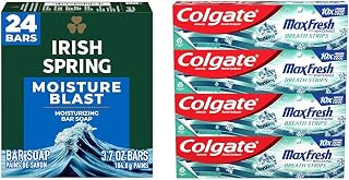 Irish Spring Bar Soap for Men, Moisture Blast, 3.7 Oz, 24 Pack & Colgate Max Fresh Whitening Toothpaste with Mini Strips, Clean Mint Toothpaste for Bad Breath
