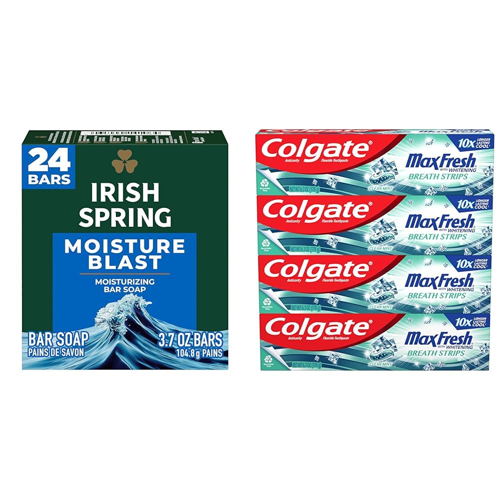Irish Spring Bar Soap for Men, Moisture Blast, 3.7 Oz, 24 Pack & Colgate Max Fresh Whitening Toothpaste with Mini Strips, Clean Mint Toothpaste for Bad Breath
