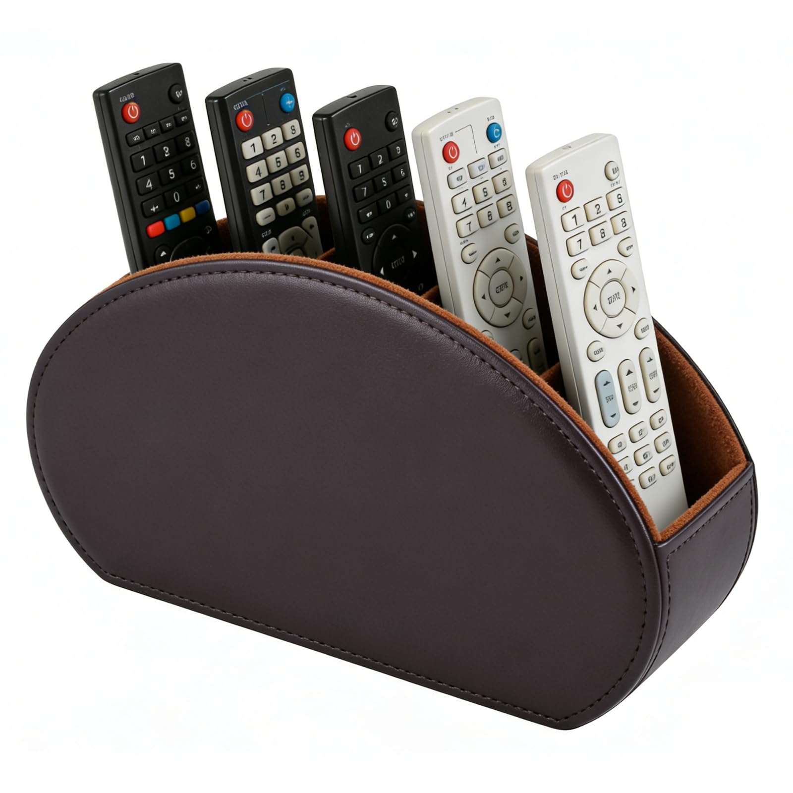 Xnone Brown Remote Control Holder With 5 Compartments, Pu Leather Multi-Functional Desk Organizer For Tv Remote, Office Supplies, Makeup Brushes, Pen, Stationery Storage Caddy,