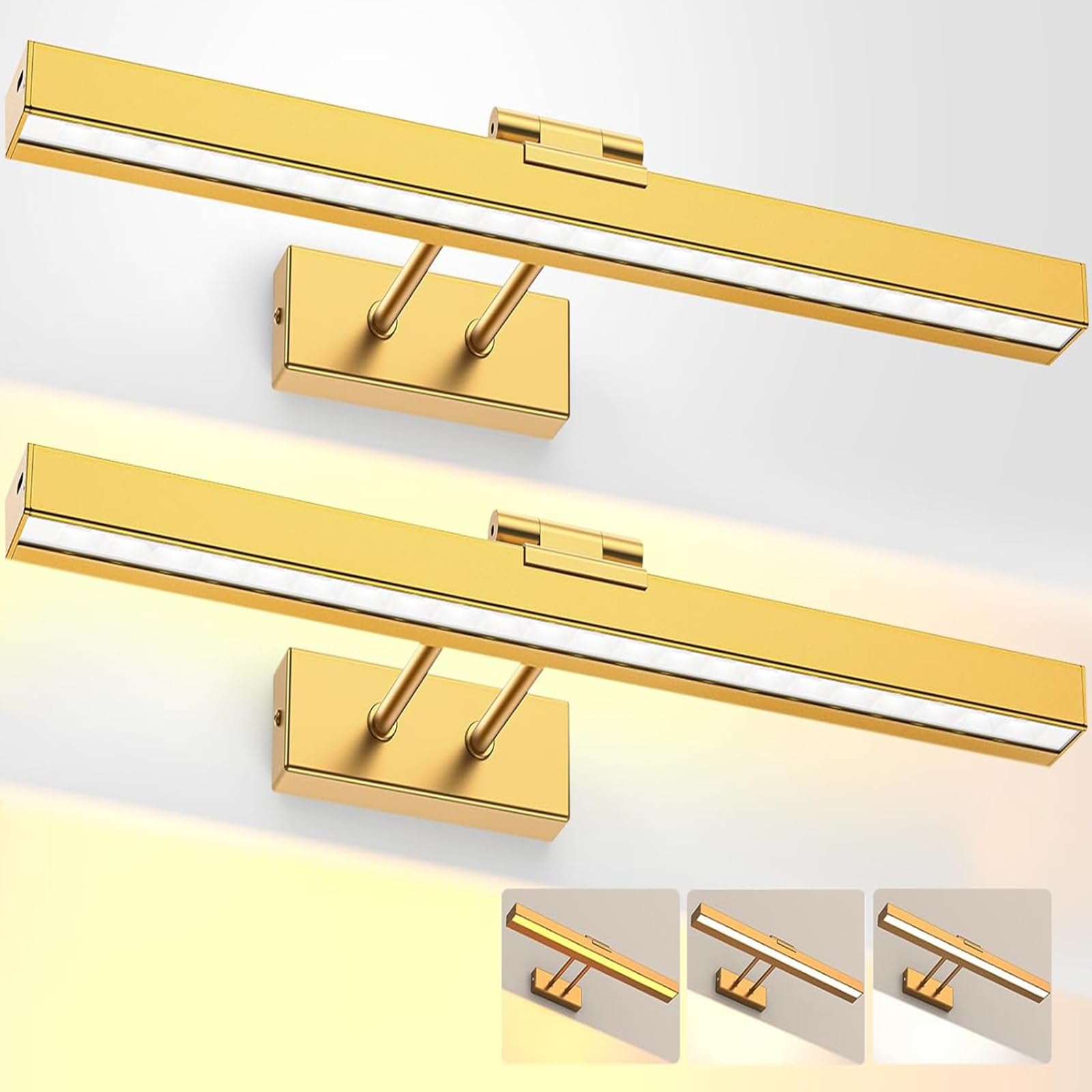 LABOREDUCER Picture Lights for Wall,Battery Operated Picture Light Brass Gold 4000mAh Rechargeable with Remote,Cordless Art Light Adjustable Degree with Magnet,Dart Board Lights 2 Pack