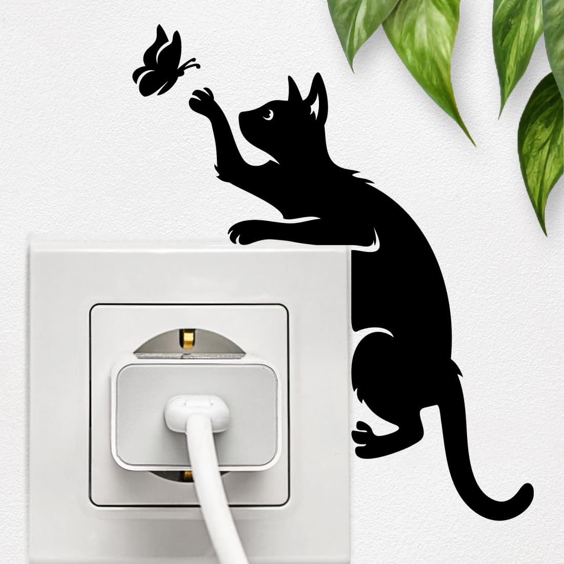Wall4stickers Black Cat Wall Sticker For Electrical Outlet, Cute Vinyl Decal With Butterfly Design, Playful Cat Silhouette Decoration For Switches And Sockets