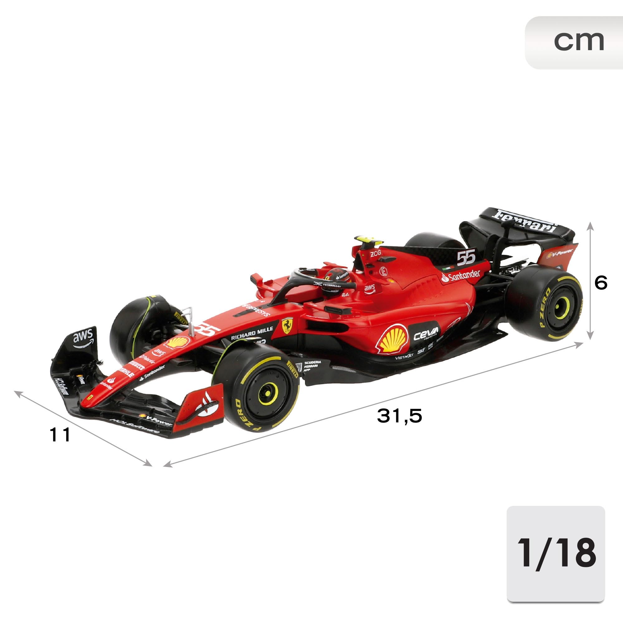Bburago Formel 1 Ferrari SF-23 (2023): Modellauto im Maßstab 1:18, von Fahrer #55 Carlos Sainz, Window Box, 34,6 cm, rot (18-16812S)