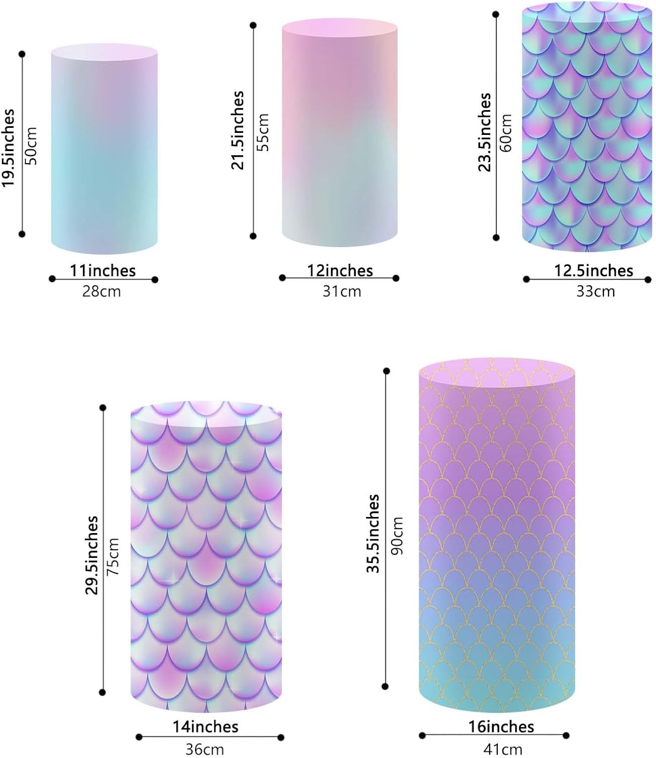 NIVIUS PHOTO Mermaid Theme Pedestal Covers for Girl Birthday Baby Shower Party Decoration, Elastic Cloth Plinth Covers Cylinder Decor Props,5Pieces/Unit