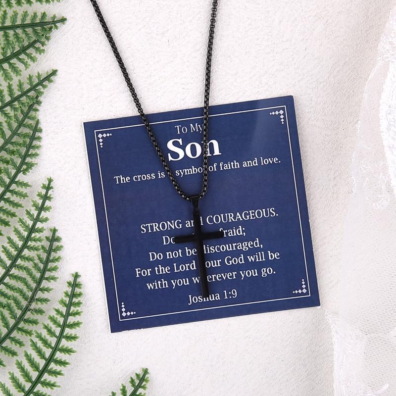 Mens Cross Necklace for Son Christian Birthday Christmas Gifts from Mom Dad Encouragement Encouraging Faith Religious Confirmation Gift to My Son Black Cross Pendant Bible Verse Gifts - Image 7