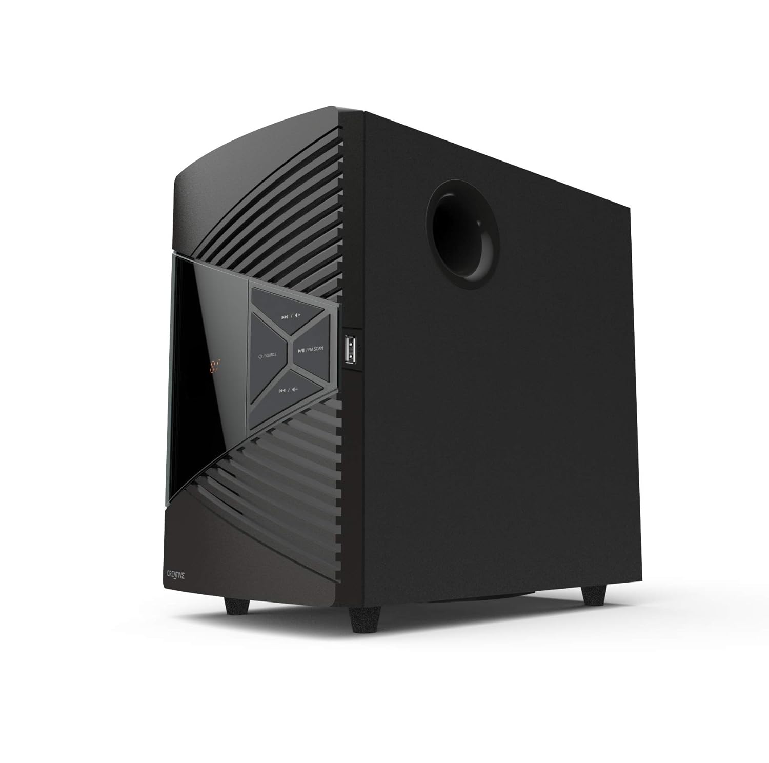 Side view of Creative SBS E2500 subwoofer showing control panel and USB port