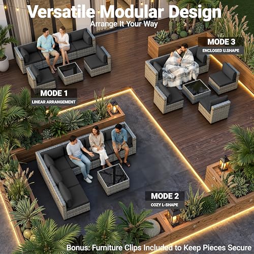 Image of Outdoor PE Wicker Rattan Modular Patio Sectional Sofa Set | 7-Piece: 6 Modular Seats & Coffee Table with Thick Cushions, Black