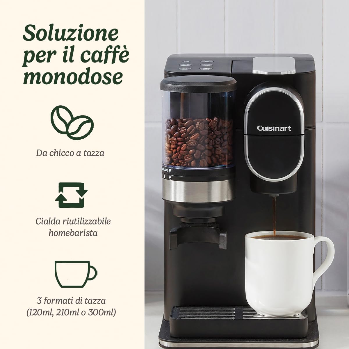 Cuisinart One Cup Grind And Brew - Machine à café avec broyeur intégré | Grain à moudre, Café filtre en portion individuelle | choisissez 3 tailles de tasse | Dosette filtrante réutilisable | Noir