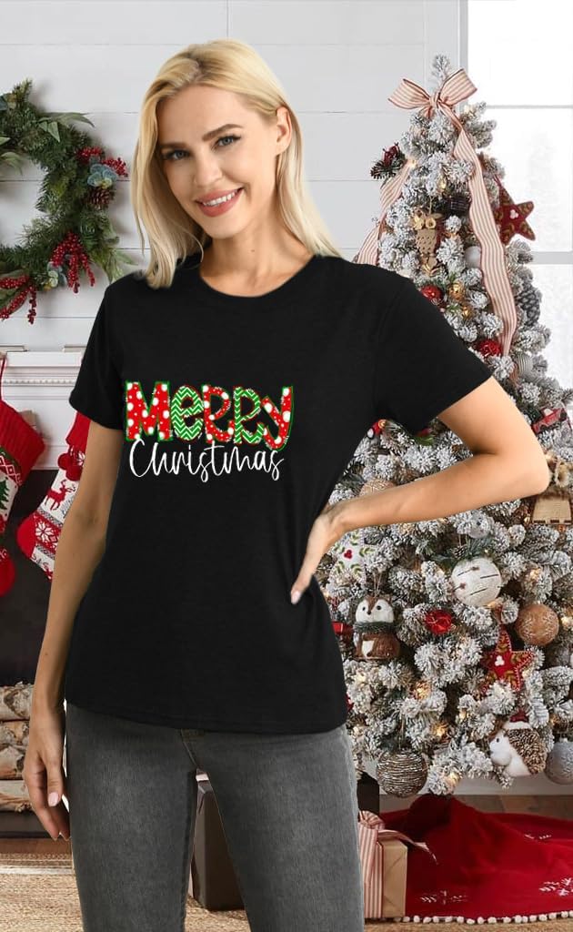 LBP Womens Christmas Shirt Merry Christmas Letter Print T-Shirt Xmas Holiday Tee Tops - Image 3