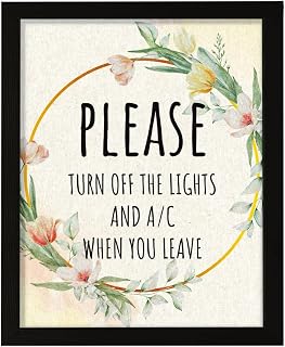Signs ByLITA Please Turn Off The Lights And A/C When You Leave, Floral 5 x 7 Black FRAMED Print Short Term Rentals Guest Signage Hospitality Wall Art