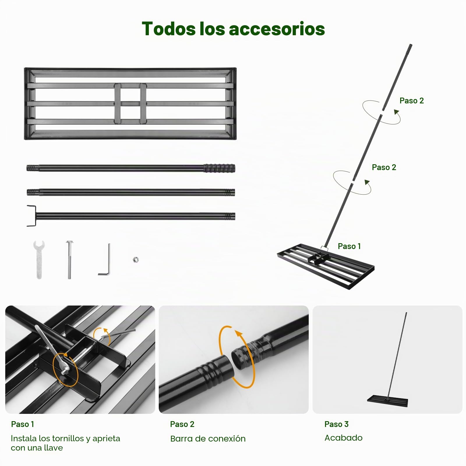Rastrillo Nivelador de Césped 41x25cm, Rastrillo de Nivelación de Césped Resistente con Mango Ajustable Antideslizante de 213cm, Rastrillo para Césped Jardín, Campo de Golf, Negro