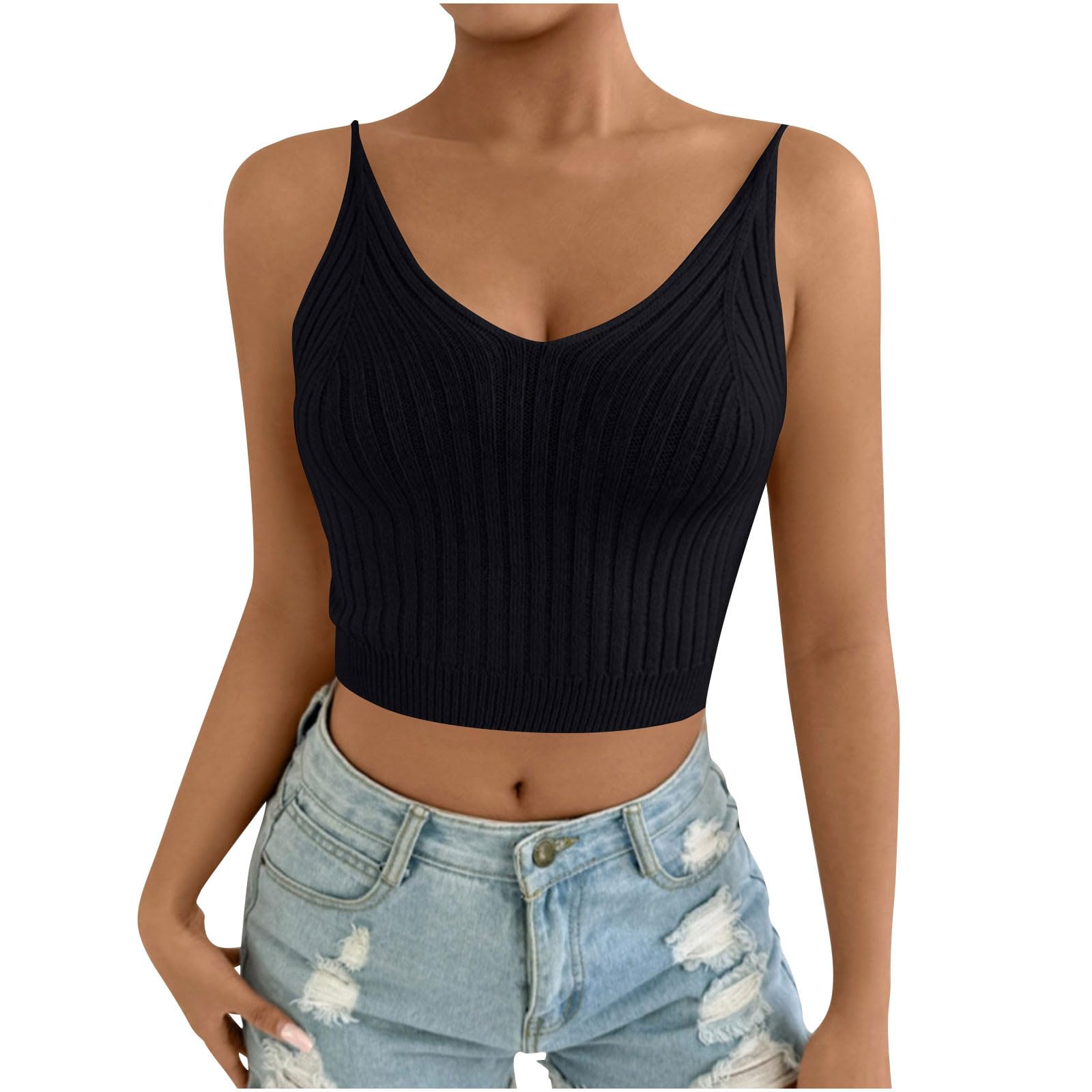V Neck Ribbed Crop Tank Tops for Women Spaghetti Strap Cami Shirts Cropped Camisole Summer Sleeveless Knit Tees
