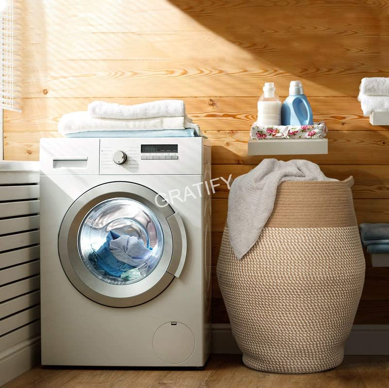 Image of GRATIFY Tall Laundry Hamper | Woven Jute Rope Dirty Clothes Hamper Modern Hamper Basket Large in Laundry Room, ( Mix Brown 18x 16 Inch)