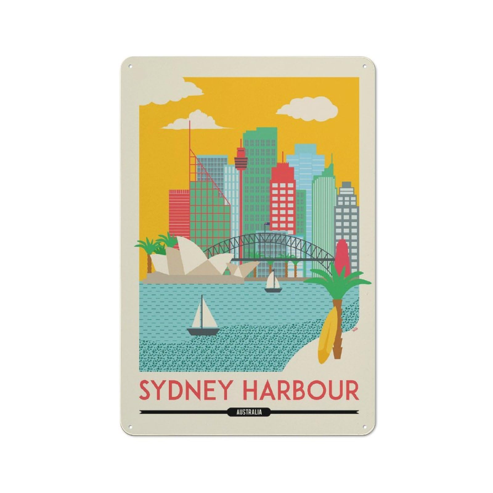 Junmoney Sydney Cityscape Vintage Metal Plaque 30X20cm, Diner Style Decor For Coffee Bar, Kitchen, Bistro Or Tea Corner