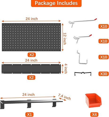 Miniatura 6 de TORACK Tablero de clavijas de metal para garaje con accesorios, organizador de herramientas con ganchos para tablero de clavijas, contenedores,